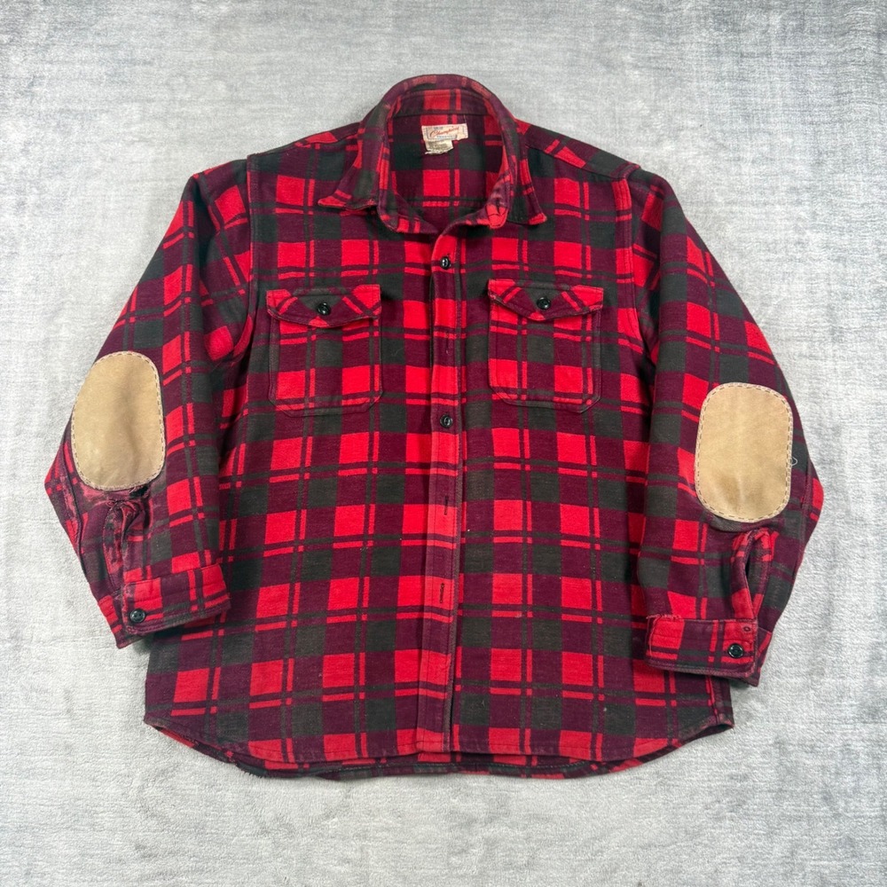 Champion Flannel Shirt Mens 16.5 Red Plaid Vtg Elbow Patches Distressed Rugged